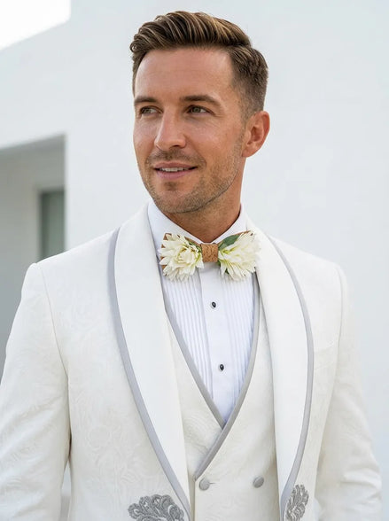 Oracle Emblem - White Silver Jacquard Shawl 3-Piece Tuxedo