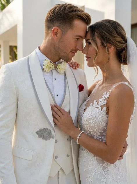 Oracle Emblem - White Silver Jacquard Shawl 3-Piece Tuxedo