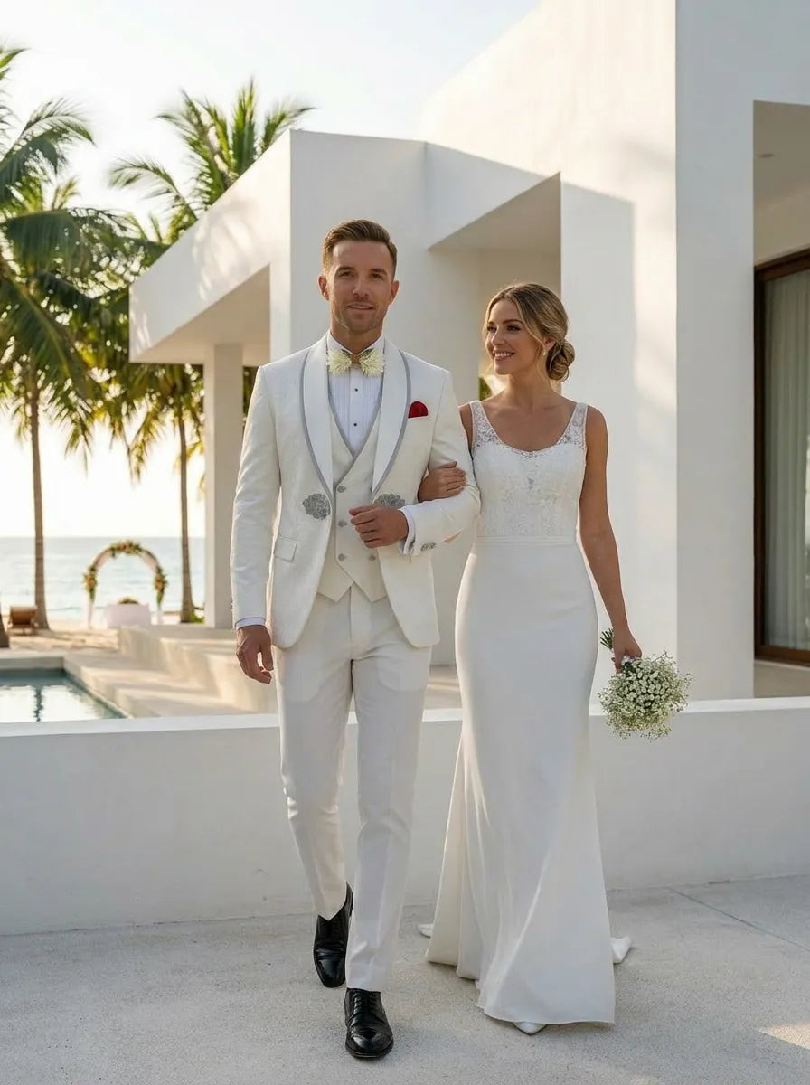 Oracle Emblem - White Silver Jacquard Shawl 3-Piece Tuxedo