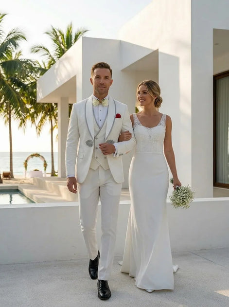 Oracle Emblem - White Silver Jacquard Shawl 3-Piece Tuxedo