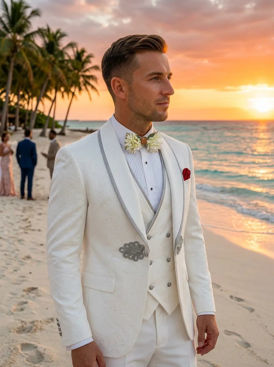 Oracle Emblem - White Silver Jacquard Shawl 3-Piece Tuxedo