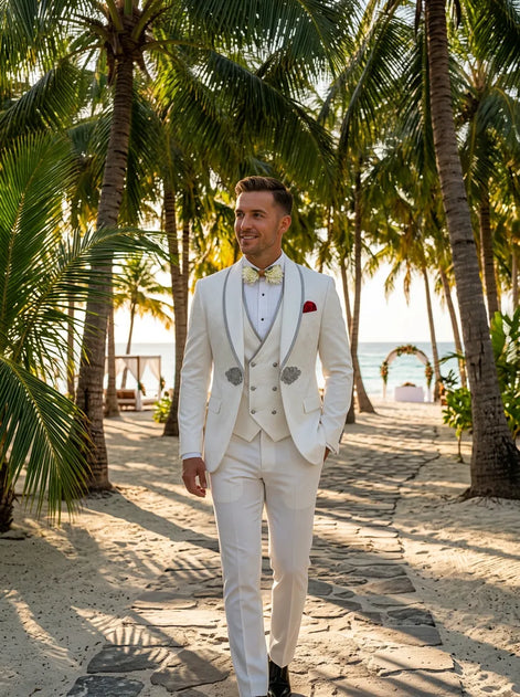 Oracle Emblem - White Silver Jacquard Shawl 3-Piece Tuxedo