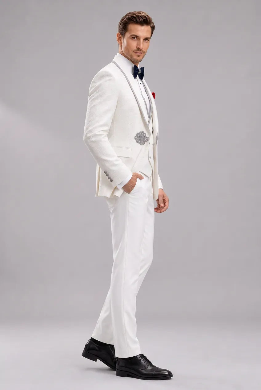 Oracle Emblem - White Silver Jacquard Shawl 3-Piece Tuxedo