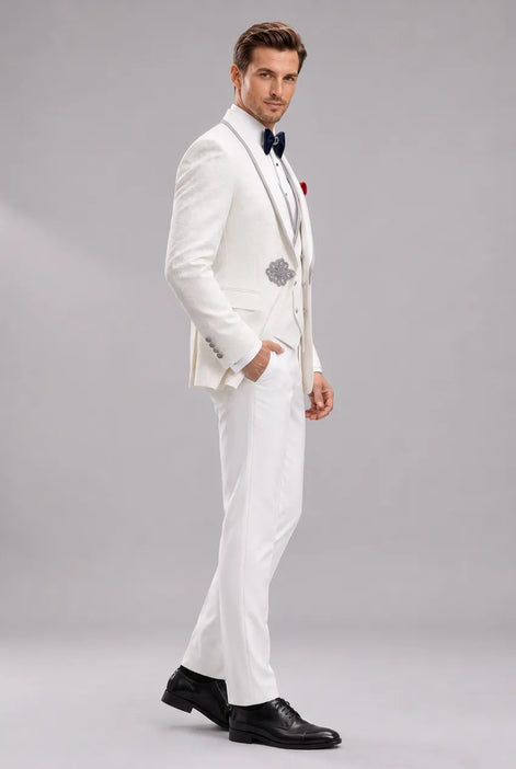 Oracle Emblem - White Silver Jacquard Shawl 3-Piece Tuxedo