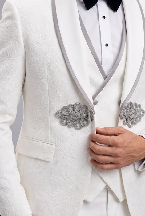 Oracle Emblem - White Silver Jacquard Shawl 3-Piece Tuxedo