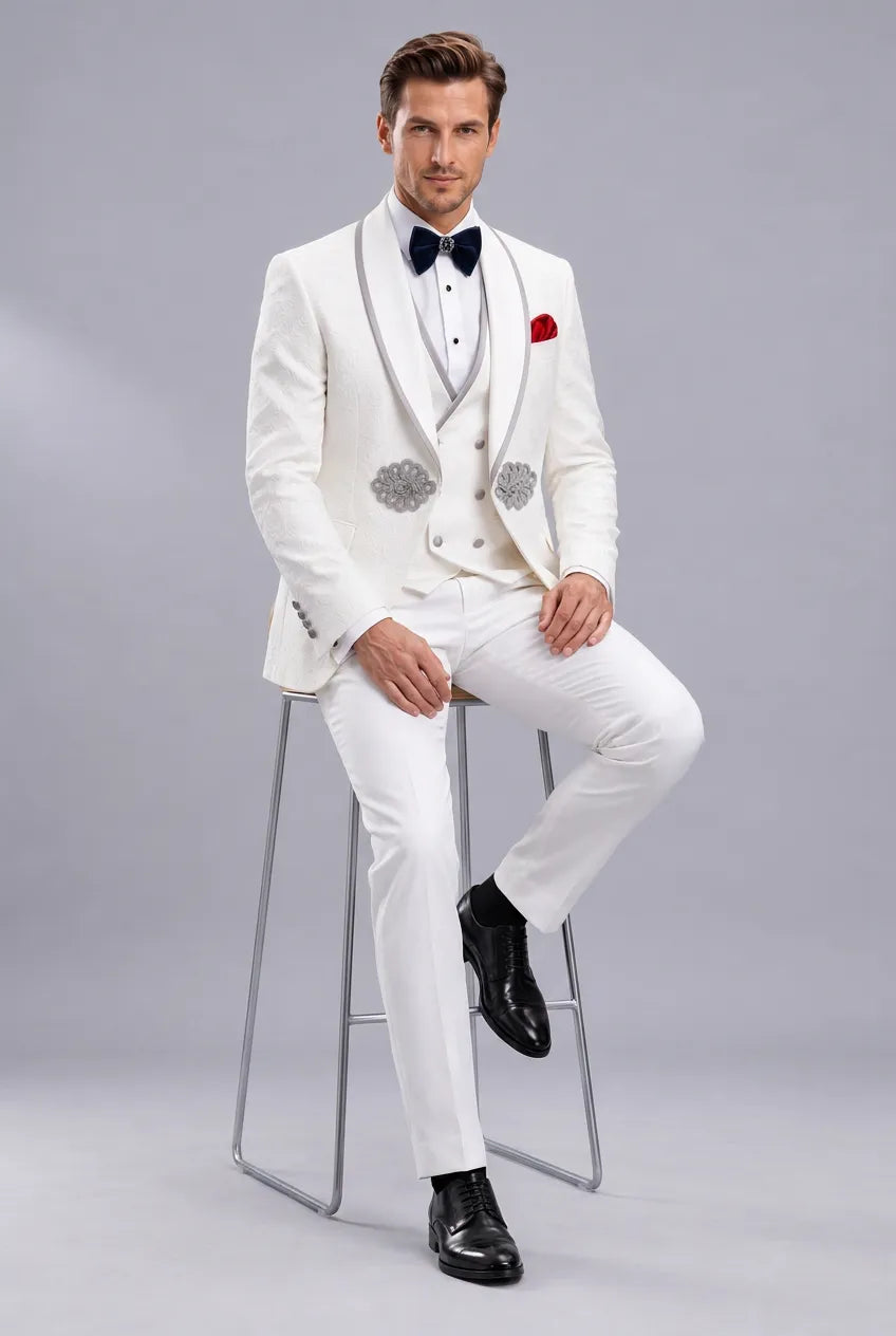 Oracle Emblem - White Silver Jacquard Shawl 3-Piece Tuxedo