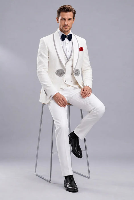 Oracle Emblem - White Silver Jacquard Shawl 3-Piece Tuxedo