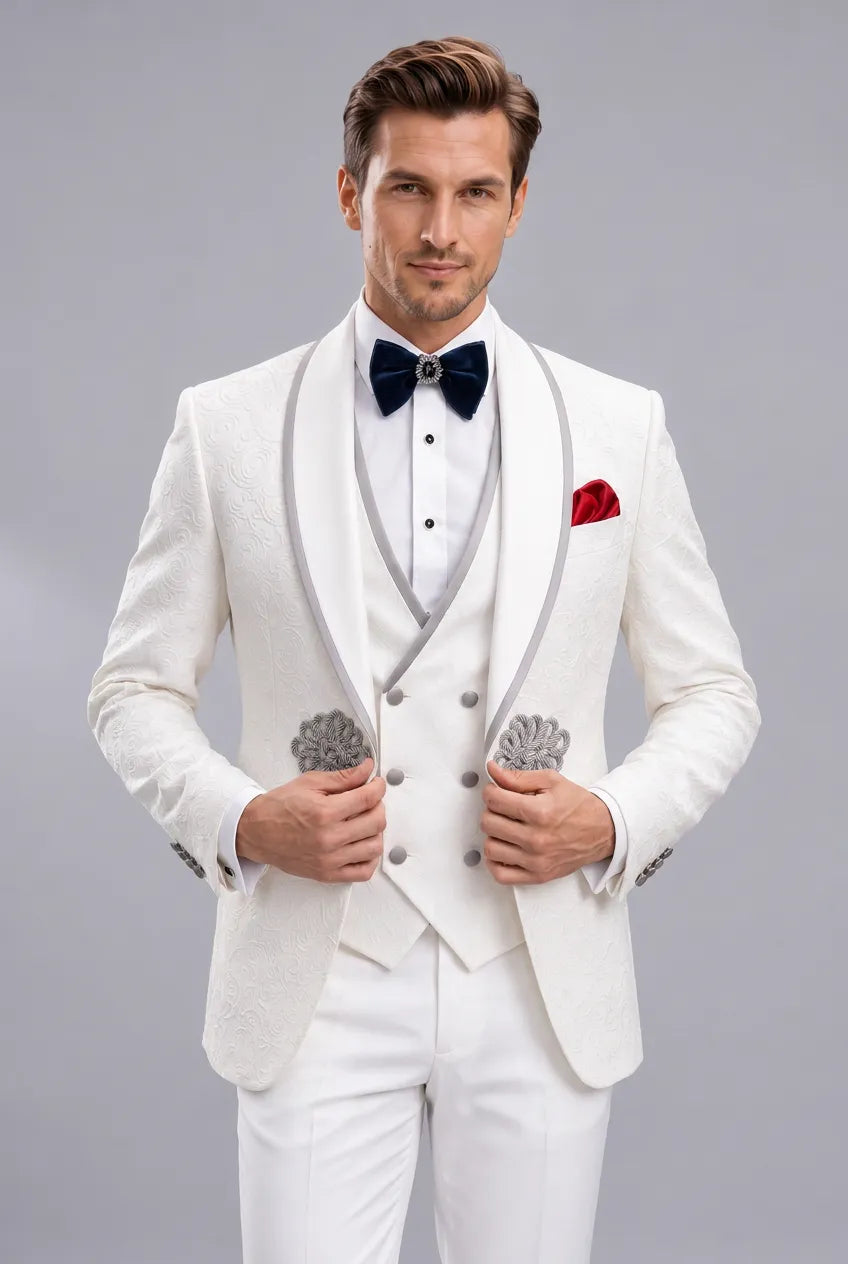 Oracle Emblem - White Silver Jacquard Shawl 3-Piece Tuxedo