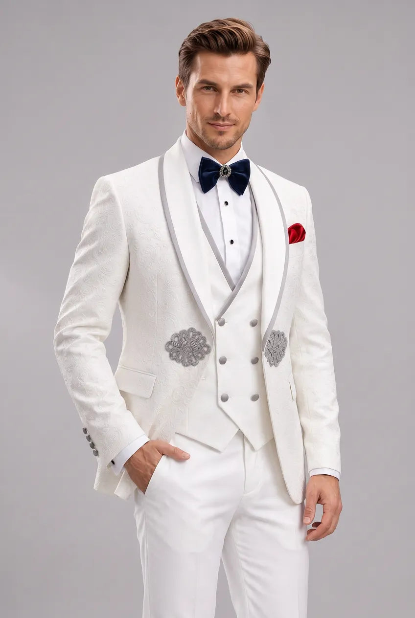Oracle Emblem - White Silver Jacquard Shawl 3-Piece Tuxedo