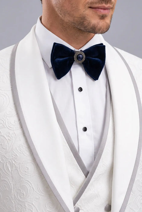Oracle Emblem - White Silver Jacquard Shawl 3-Piece Tuxedo