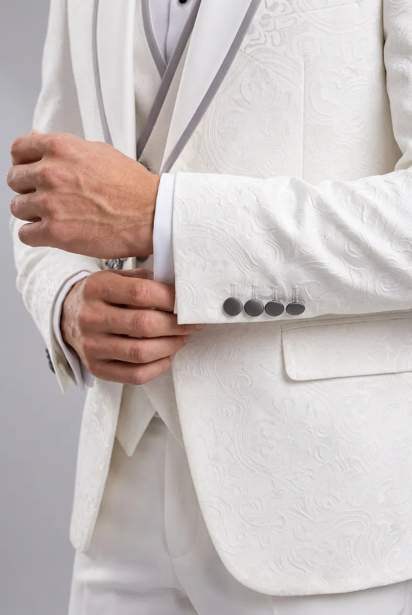 Oracle Emblem - White Silver Jacquard Shawl 3-Piece Tuxedo