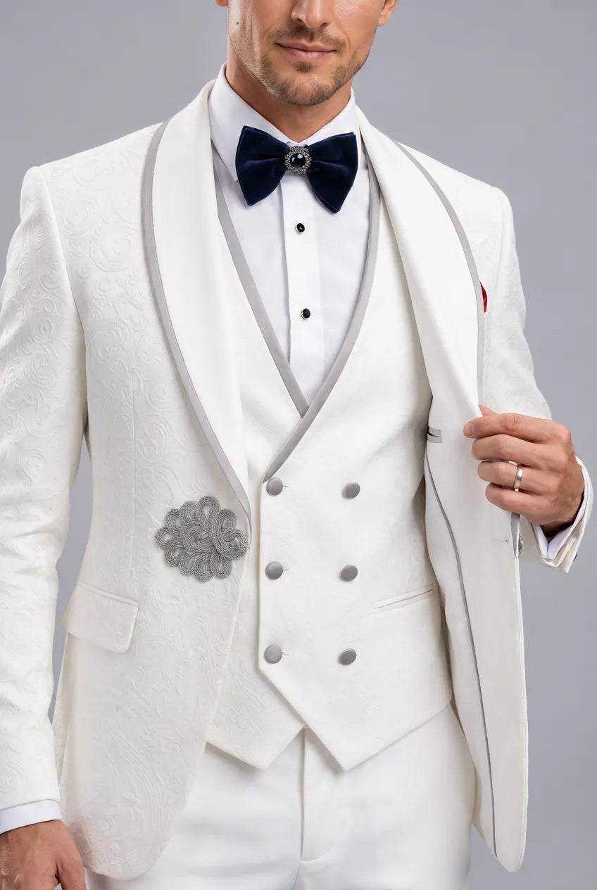 Oracle Emblem - White Silver Jacquard Shawl 3-Piece Tuxedo