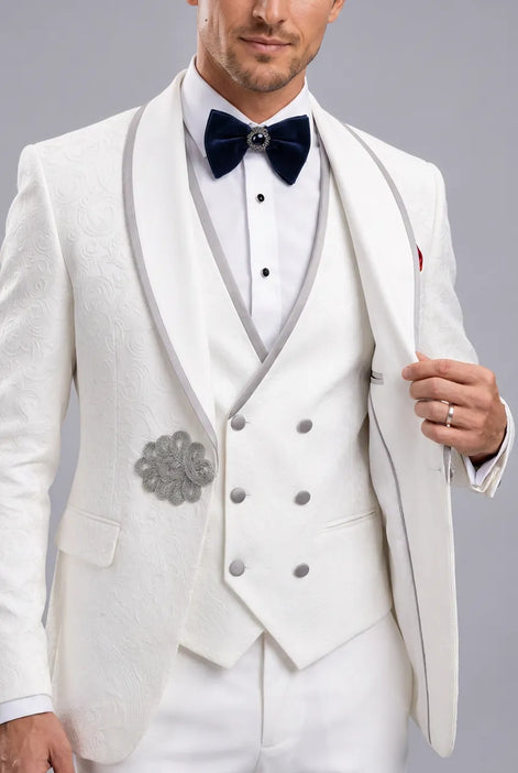 Oracle Emblem - White Silver Jacquard Shawl 3-Piece Tuxedo