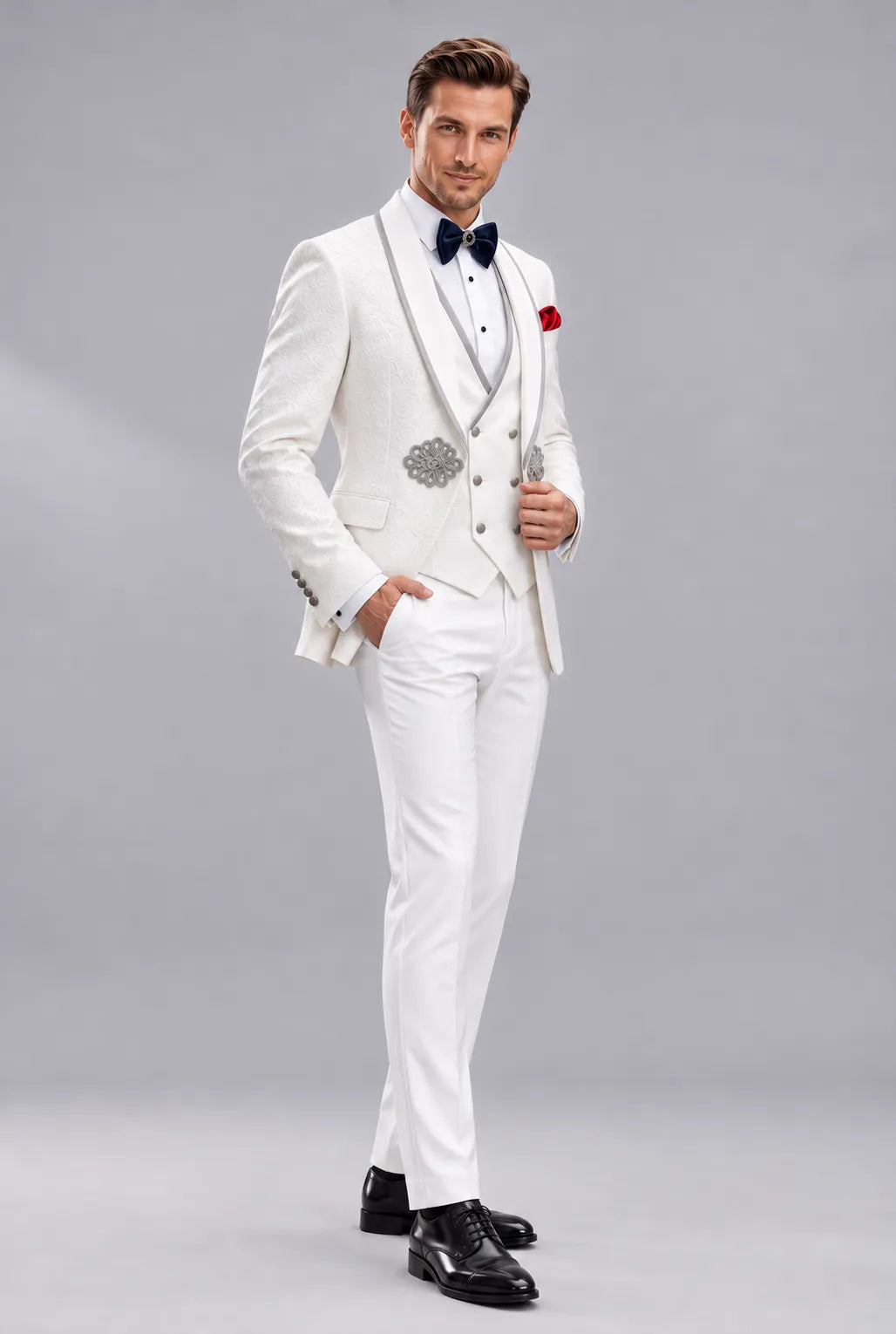 Oracle Emblem - White Silver Jacquard Shawl 3-Piece Tuxedo