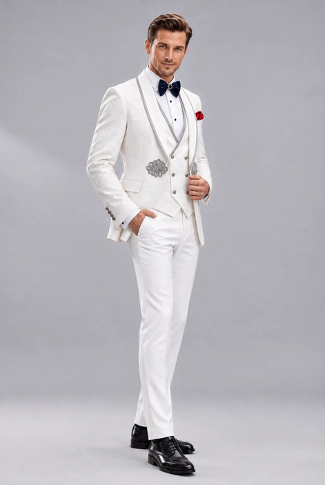 Oracle Emblem - White Silver Jacquard Shawl 3-Piece Tuxedo