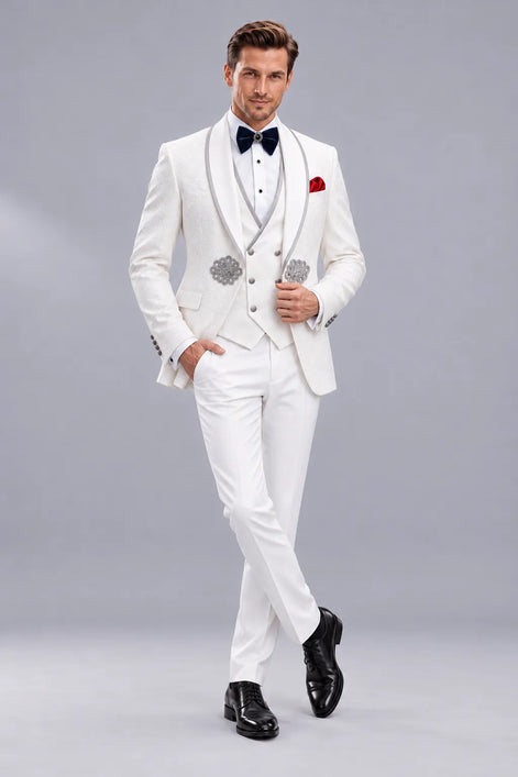 Oracle Emblem - White Silver Jacquard Shawl 3-Piece Tuxedo