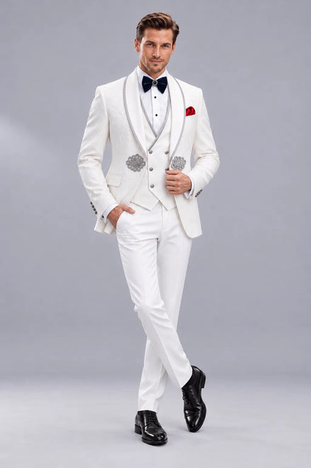 Oracle Emblem - White Silver Jacquard Shawl 3-Piece Tuxedo
