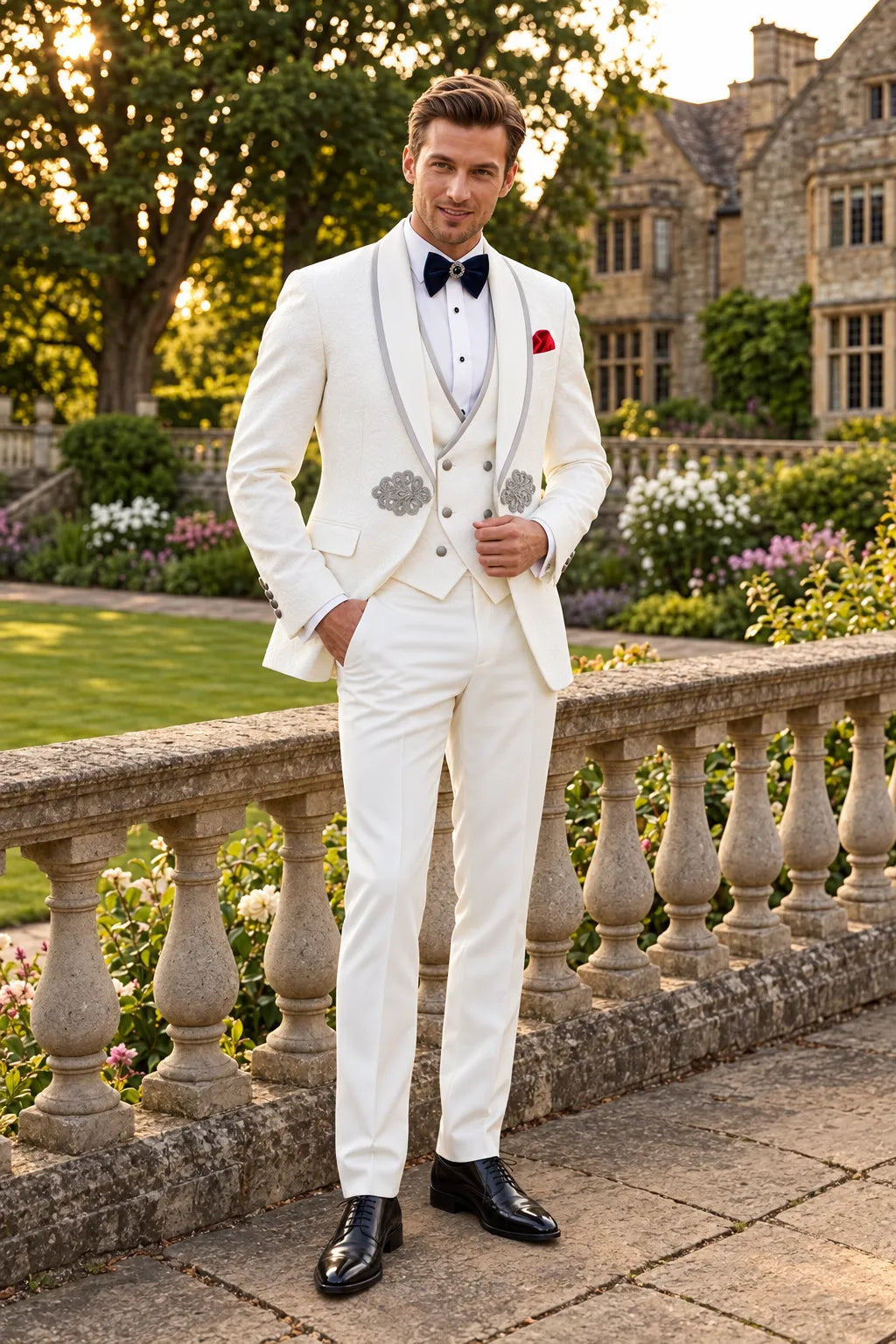 Oracle Emblem - White Silver Jacquard Shawl 3-Piece Tuxedo