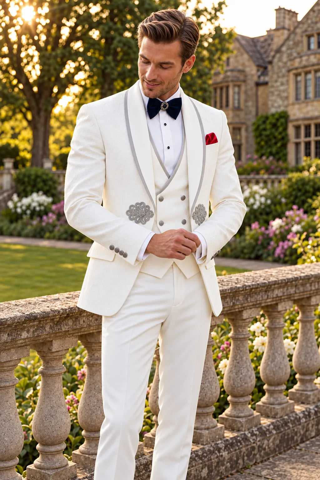 Oracle Emblem - White Silver Jacquard Shawl 3-Piece Tuxedo