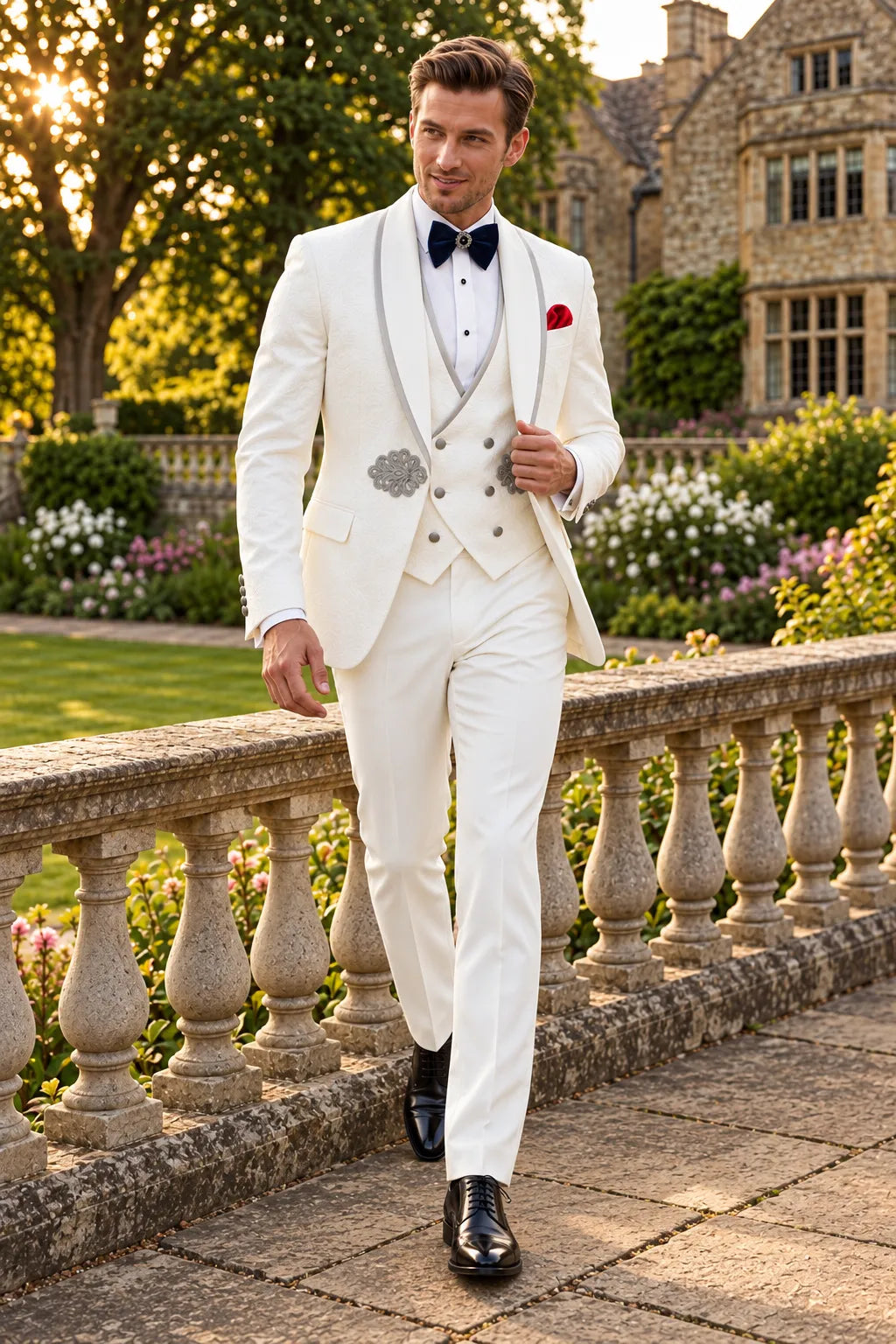 Oracle Emblem - White Silver Jacquard Shawl 3-Piece Tuxedo