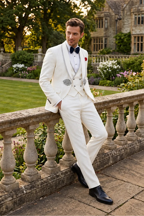 Oracle Emblem - White Silver Jacquard Shawl 3-Piece Tuxedo