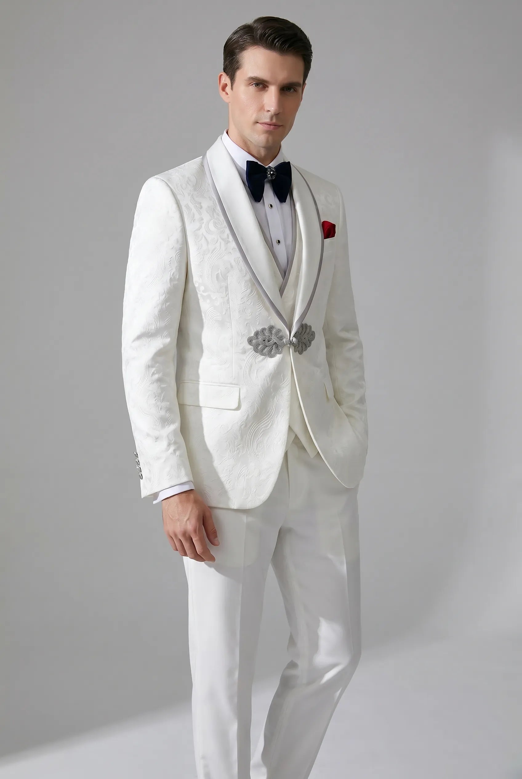 Oracle Emblem - White Silver Jacquard Shawl 3-Piece Tuxedo