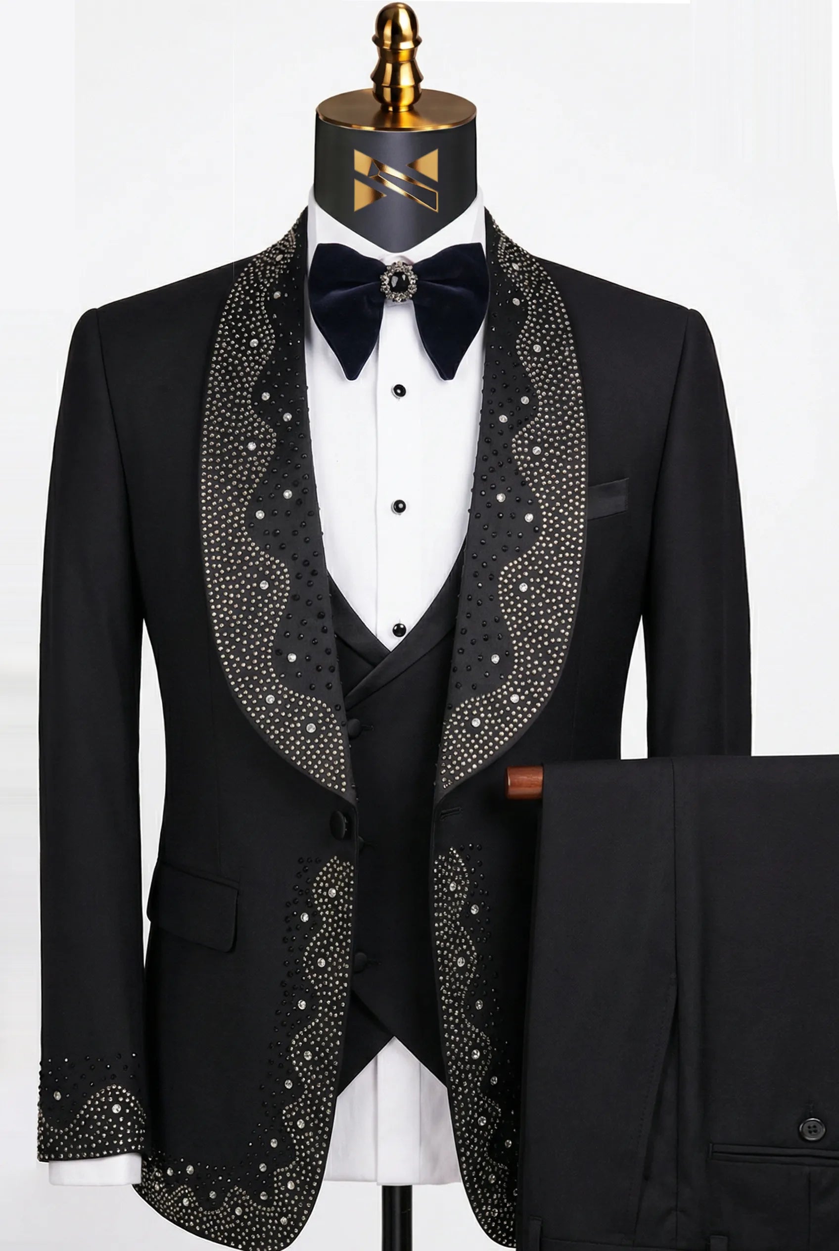 Man wearing The Obsidian Stardust black crystal embellished 3-piece tuxedo for prom - Nevo Suits
