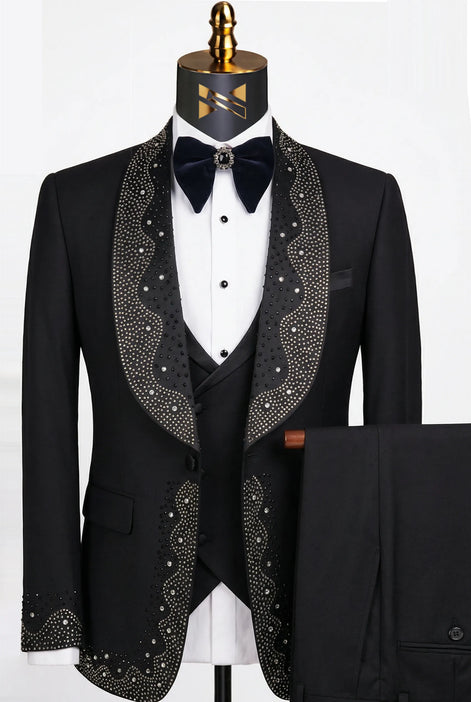 Man wearing The Obsidian Stardust black crystal embellished 3-piece tuxedo for prom - Nevo Suits