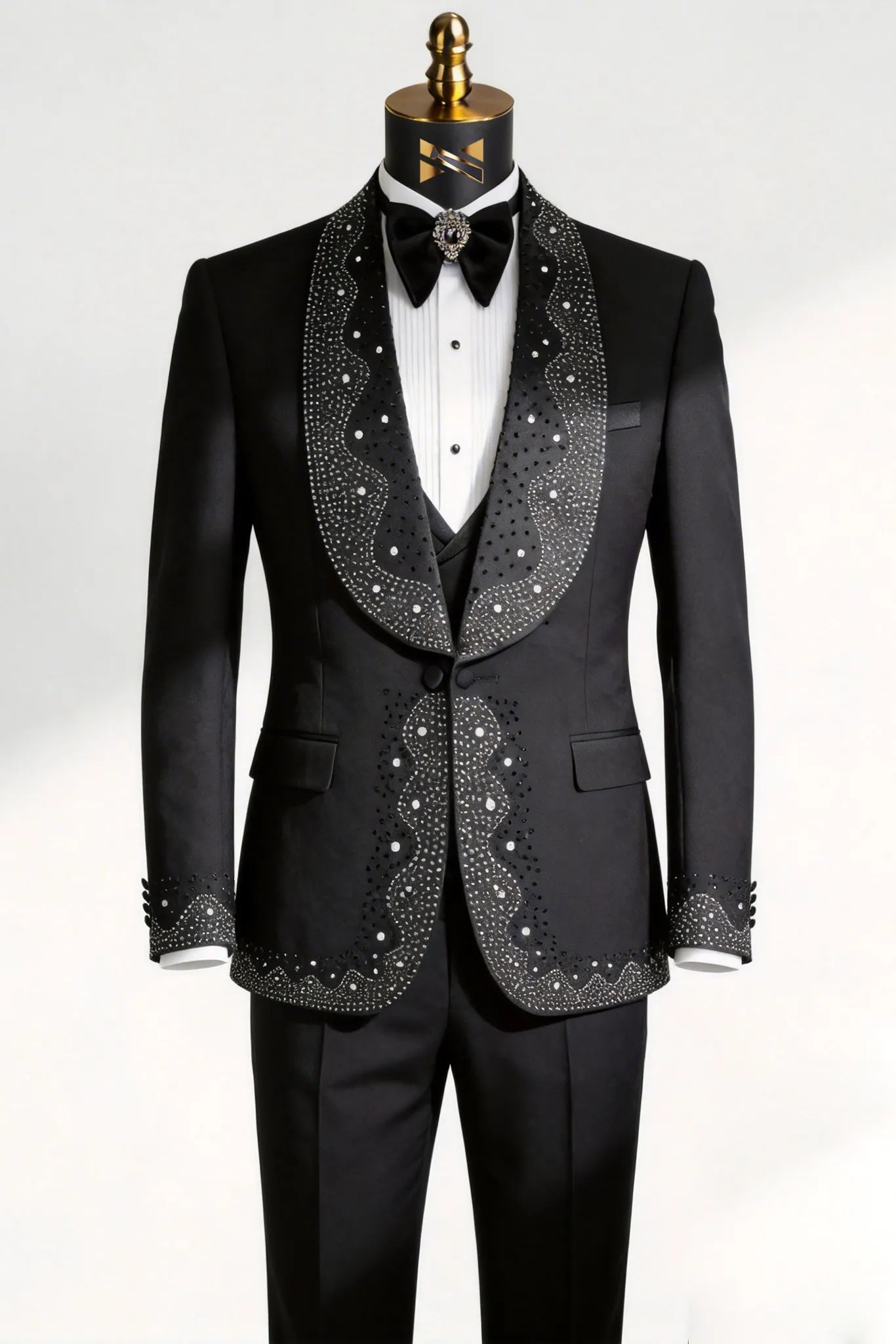 Man wearing The Obsidian Stardust black crystal embellished 3-piece tuxedo for prom - Nevo Suits