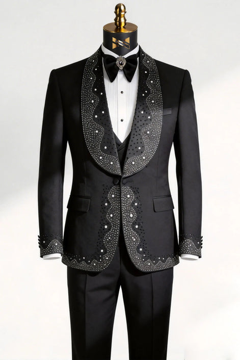 Man wearing The Obsidian Stardust black crystal embellished 3-piece tuxedo for prom - Nevo Suits
