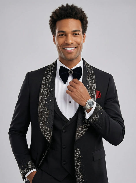 Man wearing The Obsidian Stardust black crystal embellished 3-piece tuxedo for prom - Nevo Suits