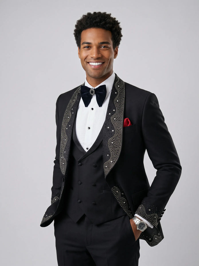 Man wearing The Obsidian Stardust black crystal embellished 3-piece tuxedo for prom - Nevo Suits