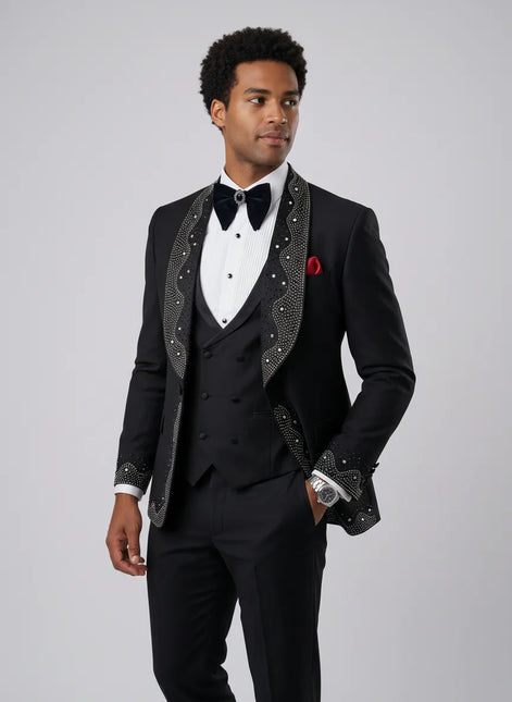 Man wearing The Obsidian Stardust black crystal embellished 3-piece tuxedo for prom - Nevo Suits