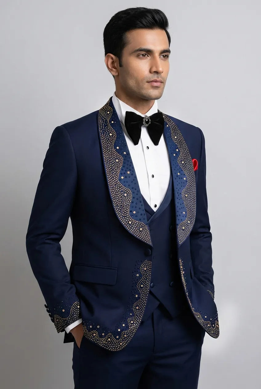 Stellar Nebula - Navy & Gold Crystal Shawl 3-Piece Tuxedo