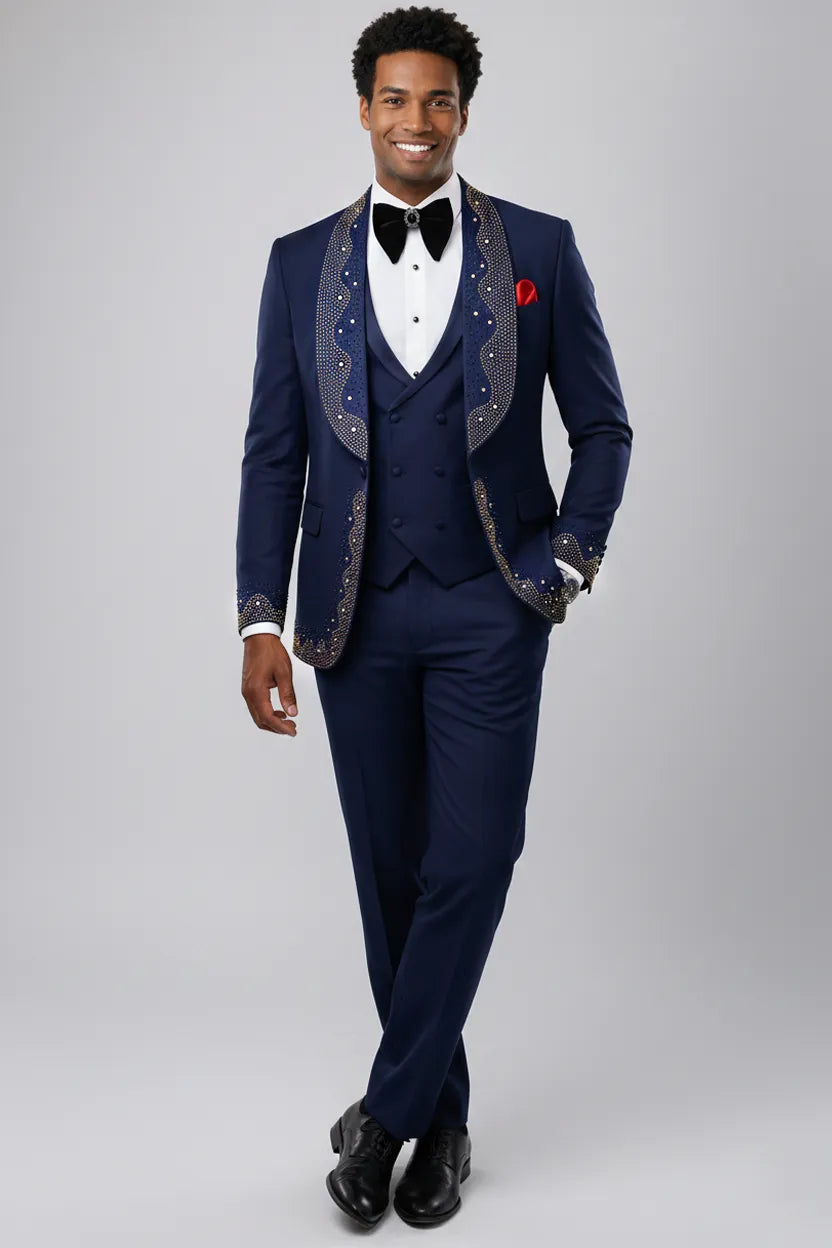 Stellar Nebula - Navy & Gold Crystal Shawl 3-Piece Tuxedo