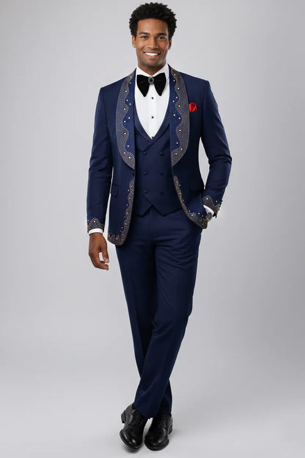 Stellar Nebula - Navy & Gold Crystal Shawl 3-Piece Tuxedo