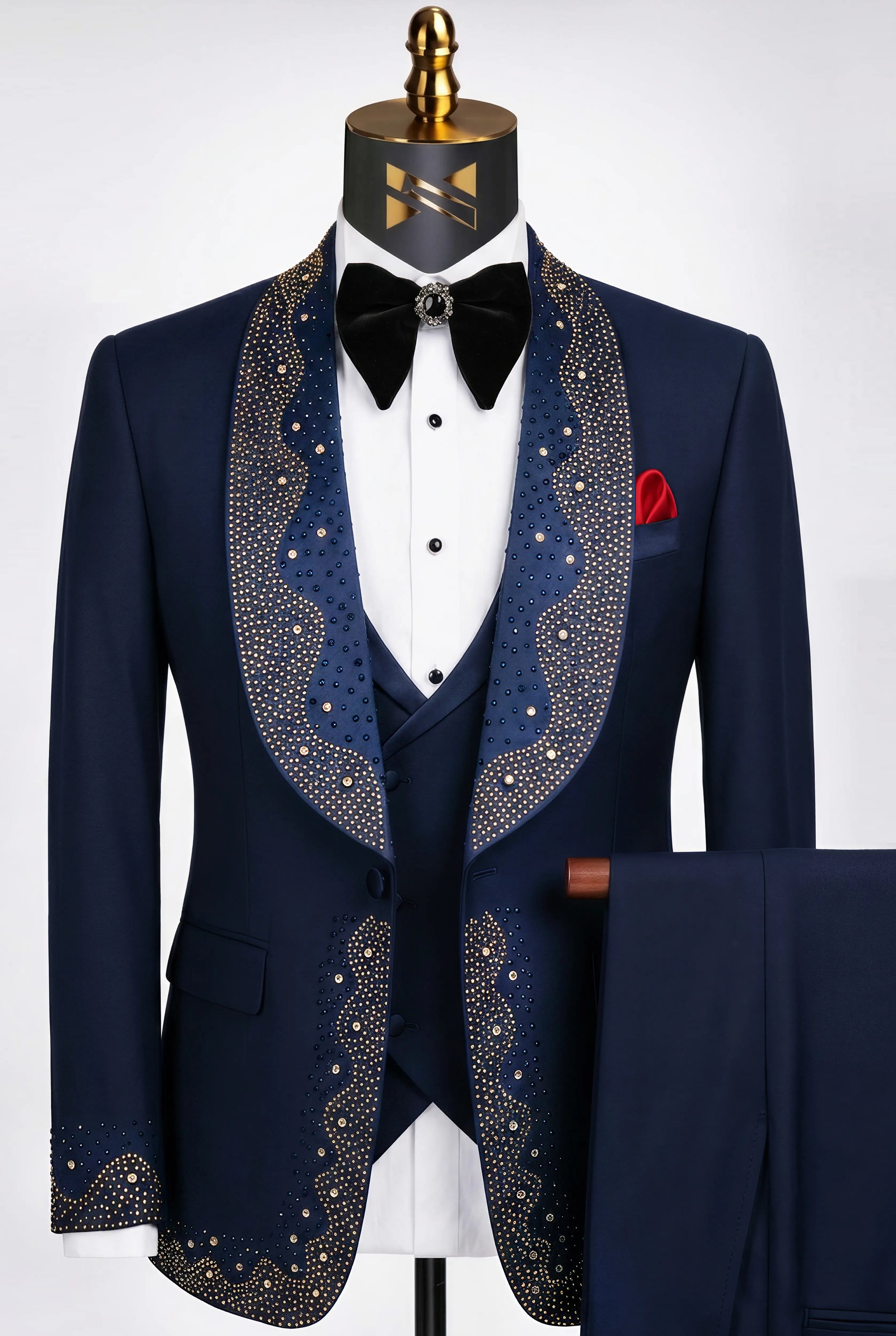 Stellar Nebula - Navy & Gold Crystal Shawl 3-Piece Tuxedo