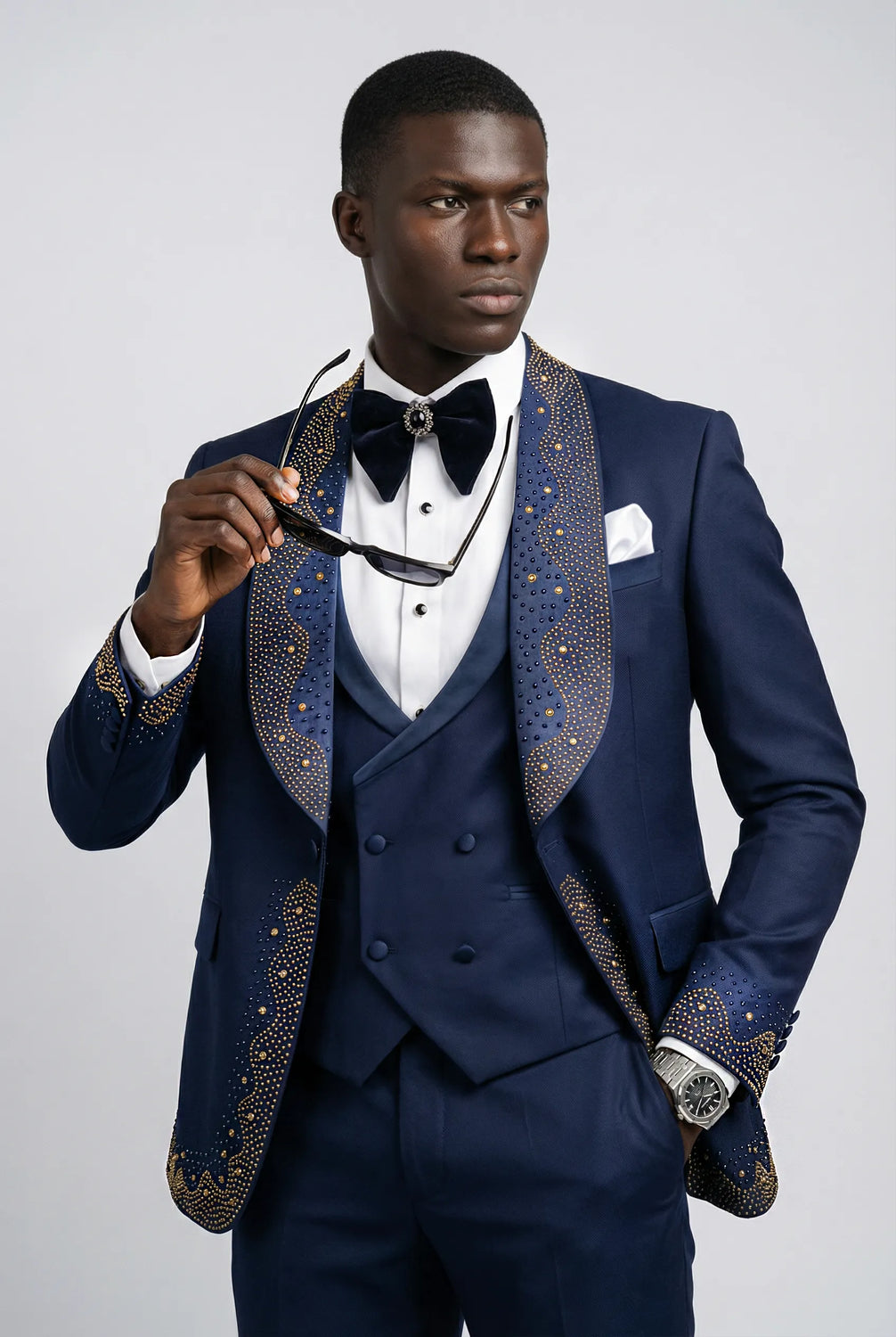 Stellar Nebula - Navy & Gold Crystal Shawl 3-Piece Tuxedo
