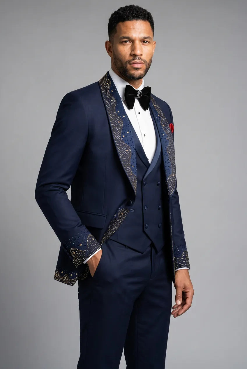 Stellar Nebula - Navy & Gold Crystal Shawl 3-Piece Tuxedo