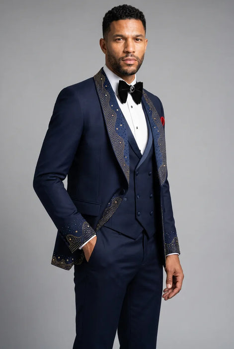 Stellar Nebula - Navy & Gold Crystal Shawl 3-Piece Tuxedo