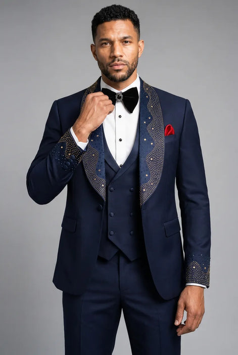 Stellar Nebula - Navy & Gold Crystal Shawl 3-Piece Tuxedo
