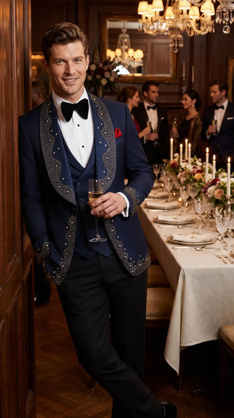 Stellar Nebula - Navy & Gold Crystal Shawl 3-Piece Tuxedo