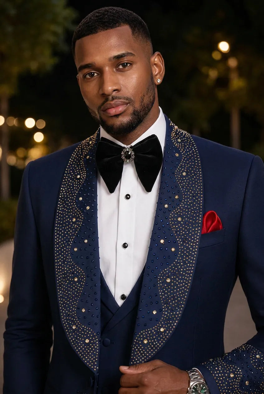 Stellar Nebula - Navy & Gold Crystal Shawl 3-Piece Tuxedo