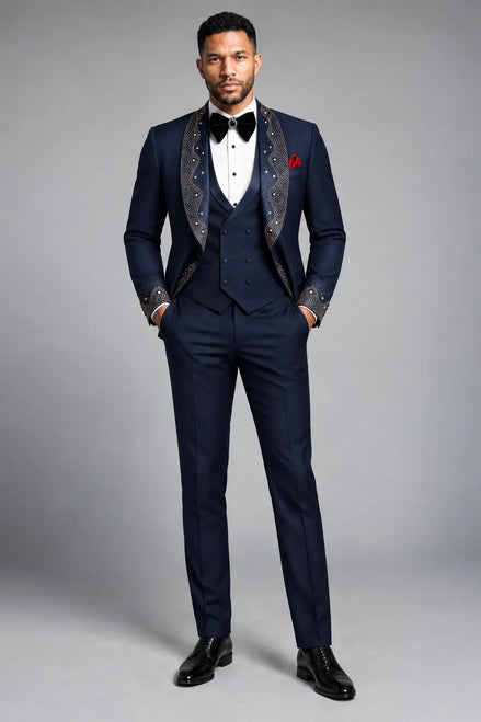 Stellar Nebula - Navy & Gold Crystal Shawl 3-Piece Tuxedo