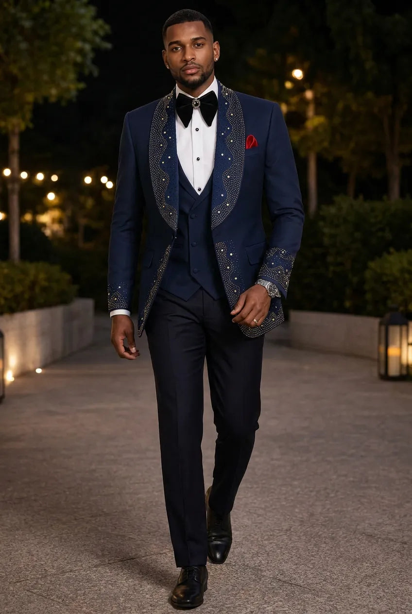 Stellar Nebula - Navy & Gold Crystal Shawl 3-Piece Tuxedo