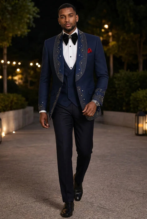 Stellar Nebula - Navy & Gold Crystal Shawl 3-Piece Tuxedo