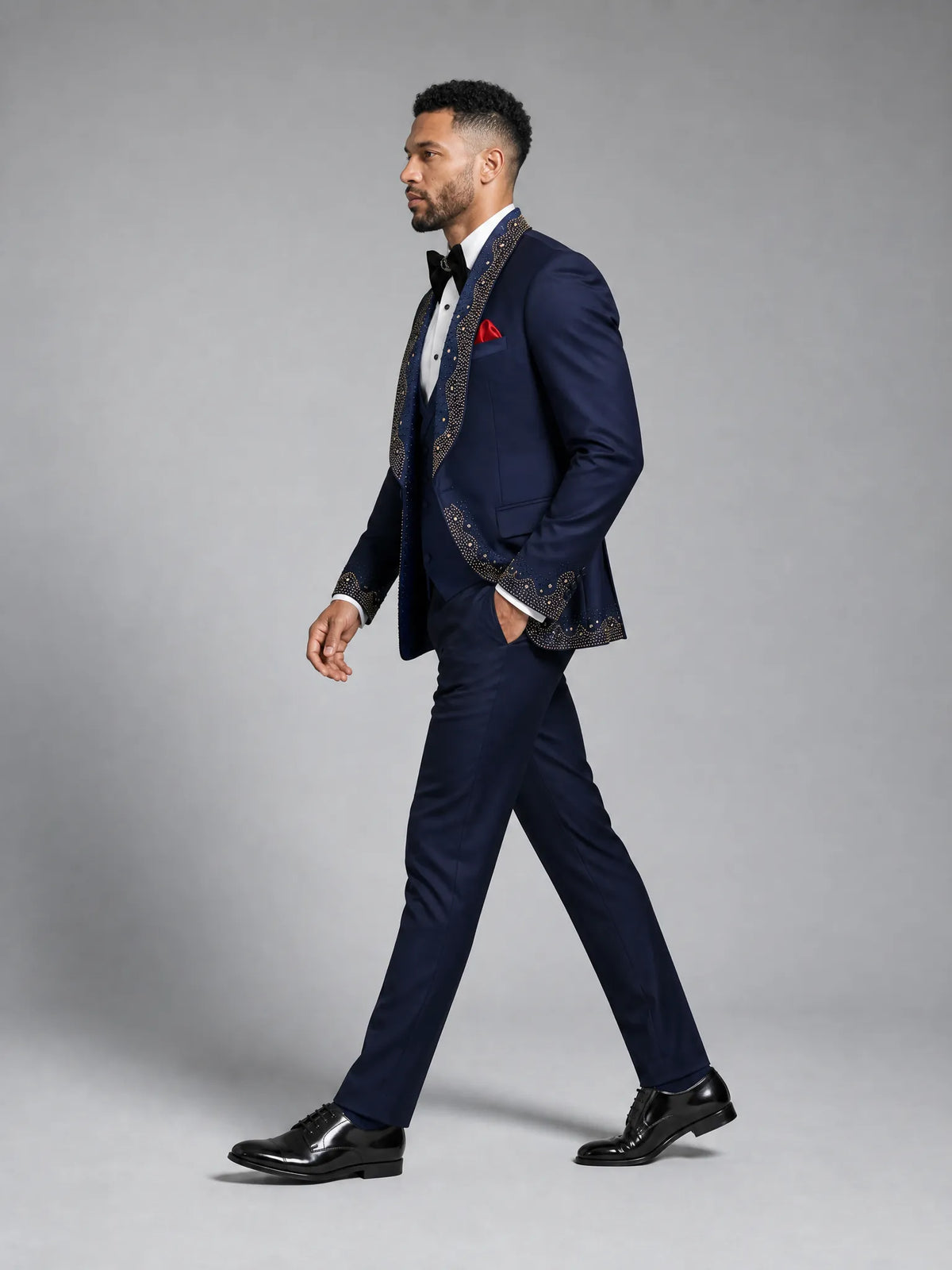 Stellar Nebula - Navy & Gold Crystal Shawl 3-Piece Tuxedo