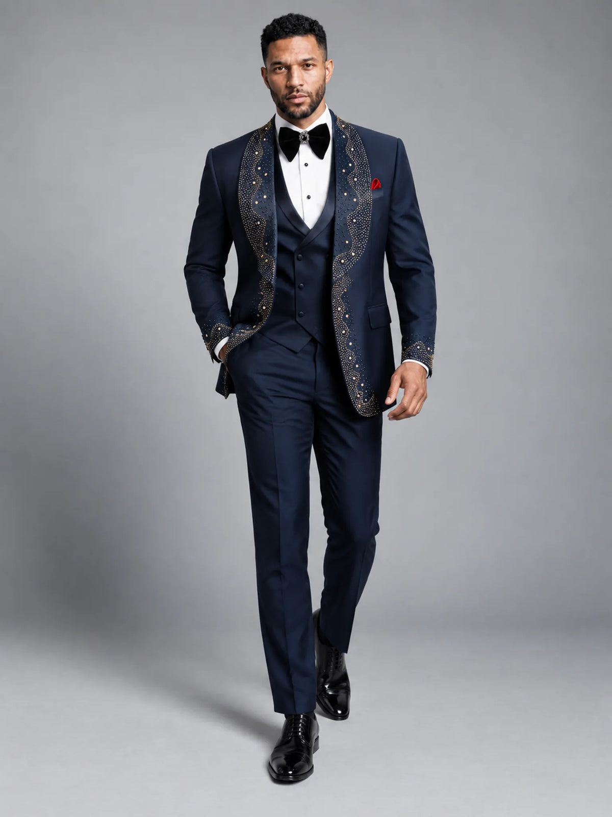 Stellar Nebula - Navy & Gold Crystal Shawl 3-Piece Tuxedo