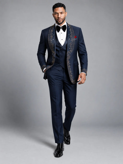 Stellar Nebula - Navy & Gold Crystal Shawl 3-Piece Tuxedo