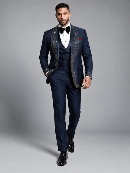 Stellar Nebula - Navy & Gold Crystal Shawl 3-Piece Tuxedo